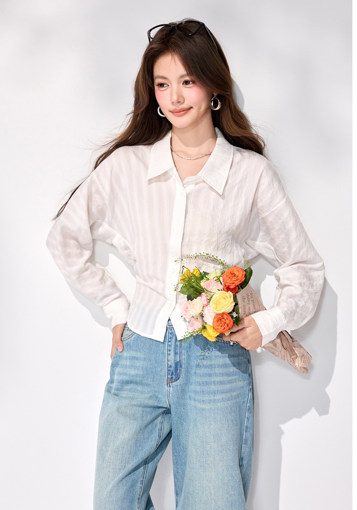 White long sleeve shirt pinched waist temperament tops