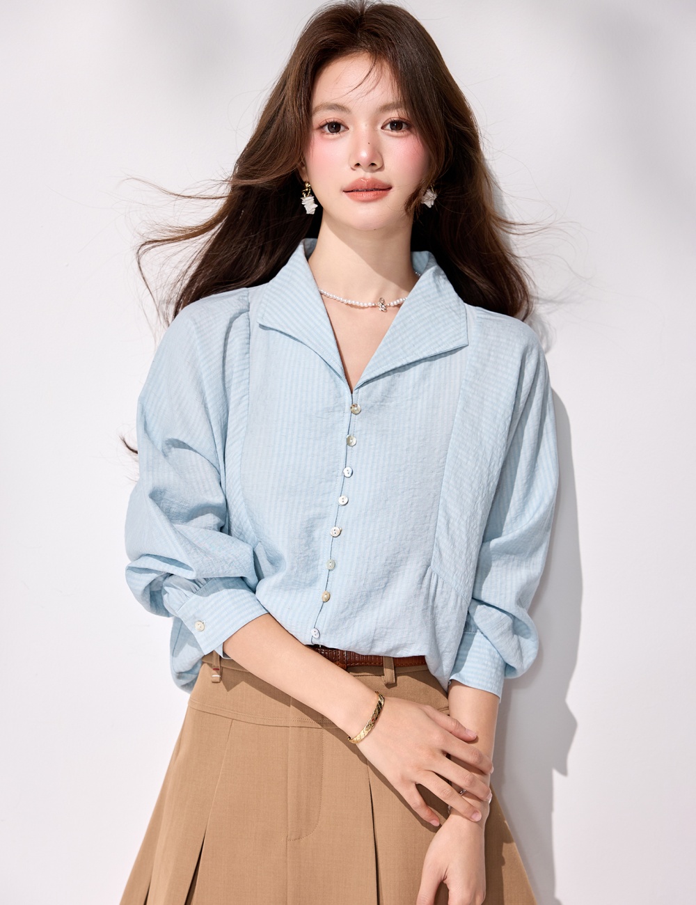 Retro all-match tops spring breasted shirt for women