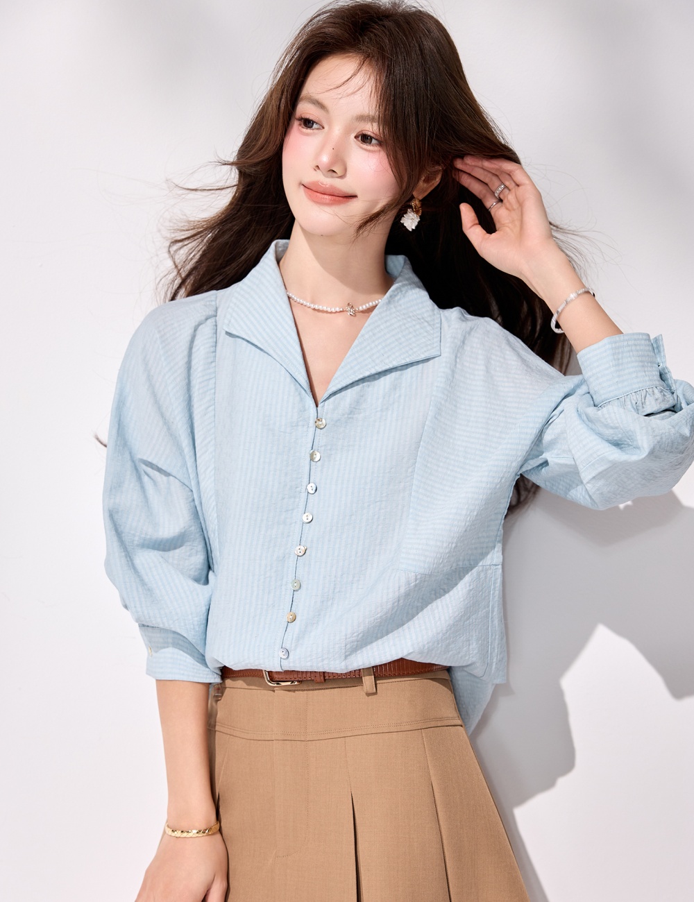 Retro all-match tops spring breasted shirt for women