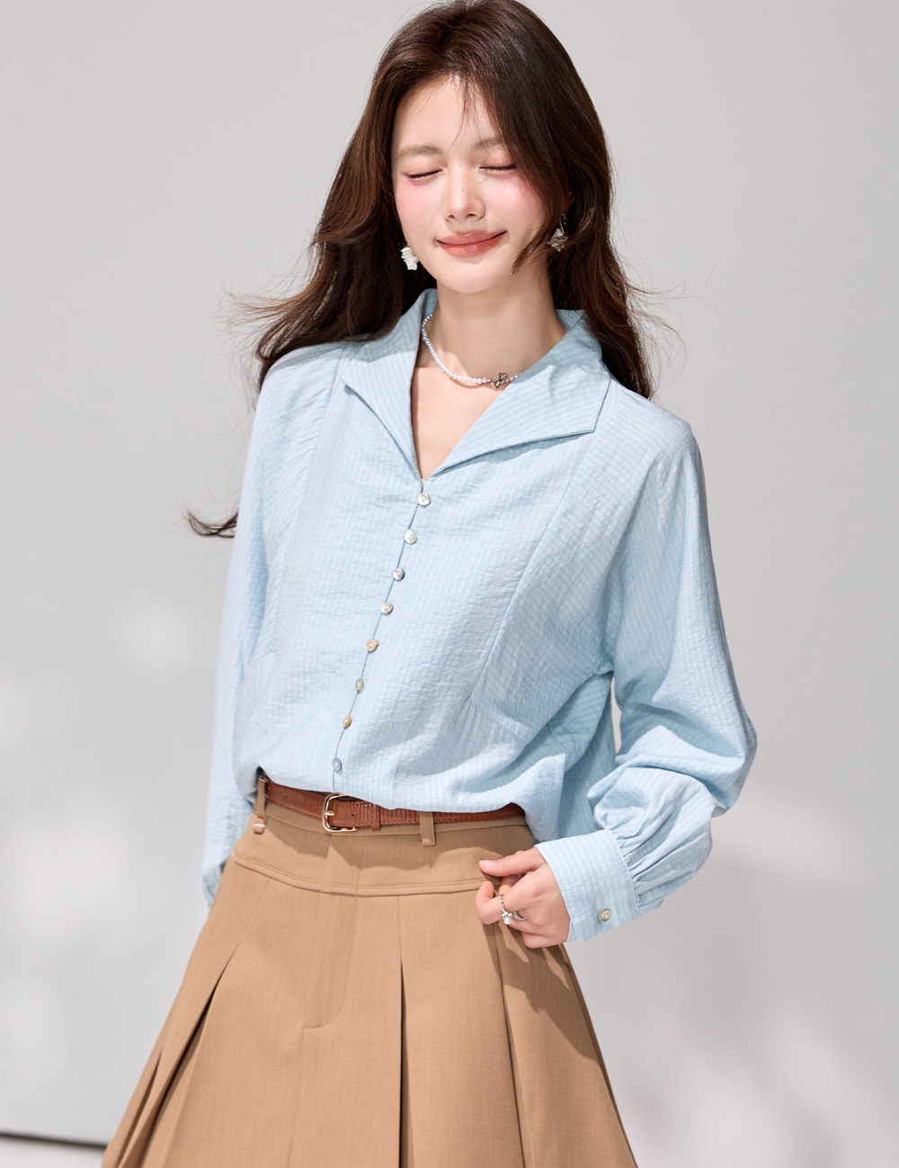 Retro all-match tops spring breasted shirt for women