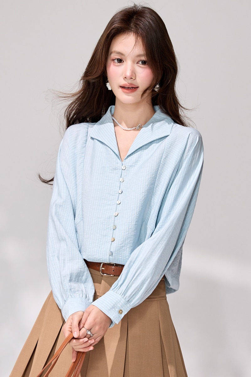 Retro all-match tops spring breasted shirt for women