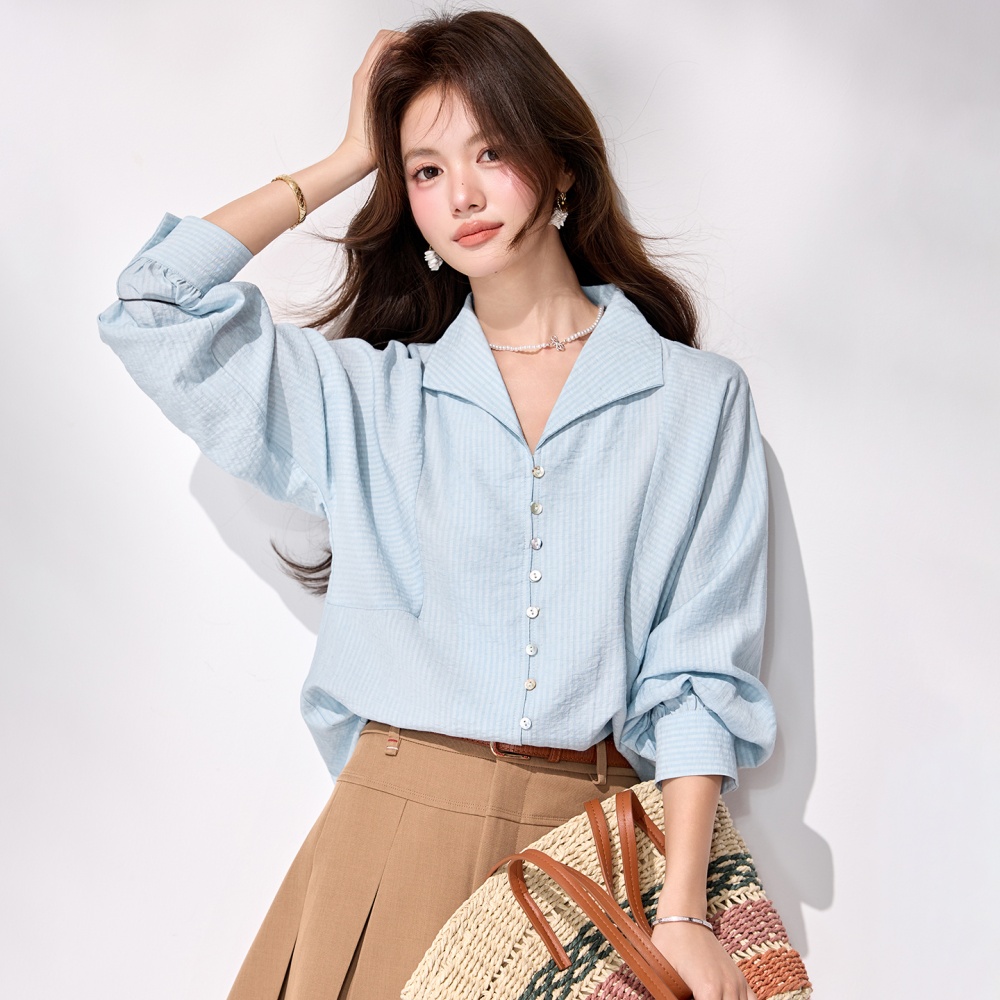 Retro all-match tops spring breasted shirt for women
