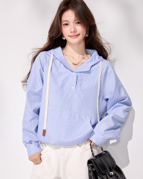 Blue spring tops hooded stripe coat for women