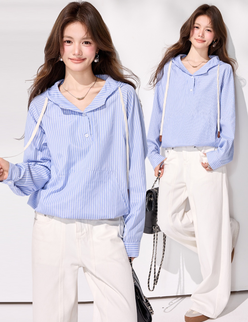 Blue spring tops hooded stripe coat for women