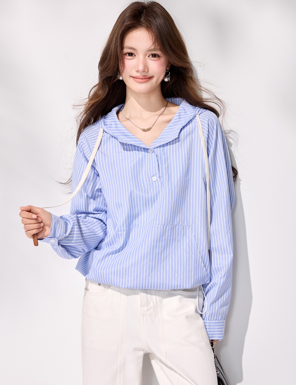 Blue spring tops hooded stripe coat for women