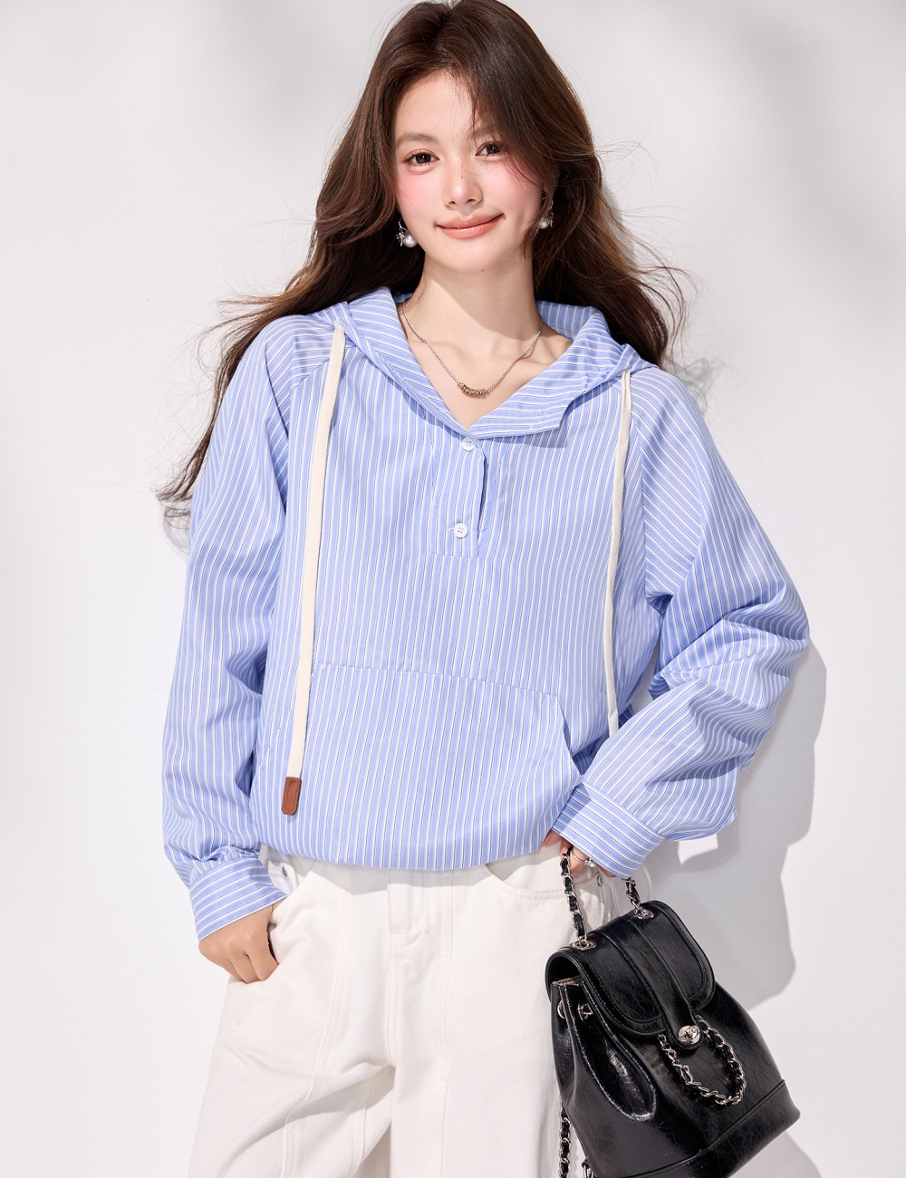 Blue spring tops hooded stripe coat for women