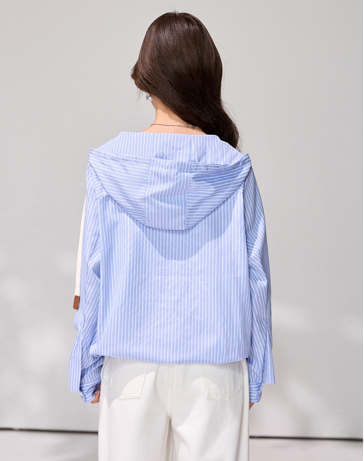 Blue spring tops hooded stripe coat for women