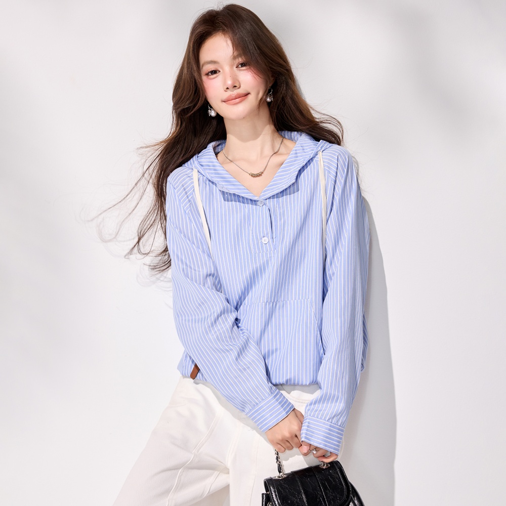 Blue spring tops hooded stripe coat for women