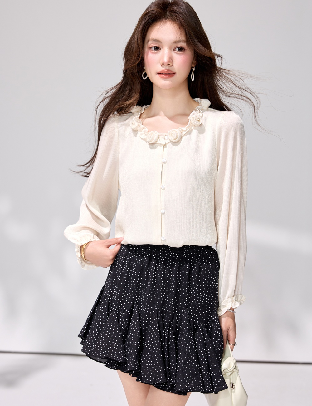 France style wood ear long sleeve shirt spring flowers tops