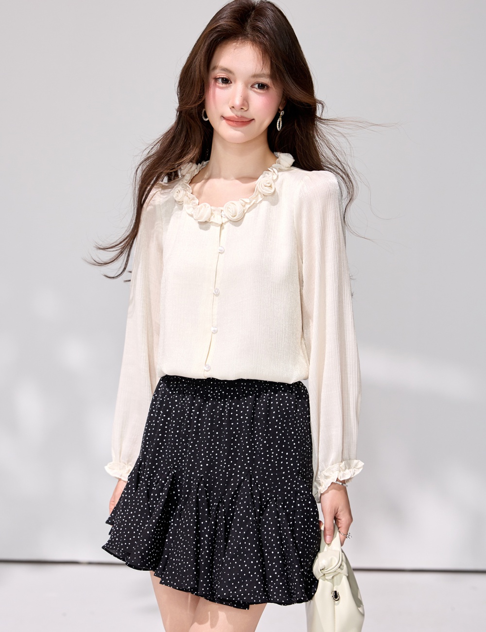 France style wood ear long sleeve shirt spring flowers tops