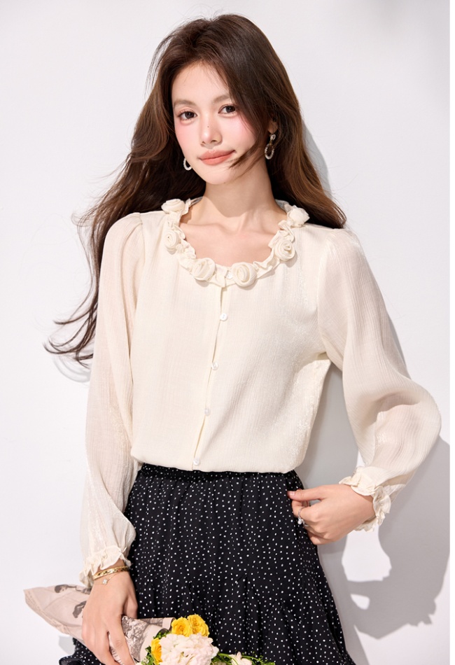 France style wood ear long sleeve shirt spring flowers tops