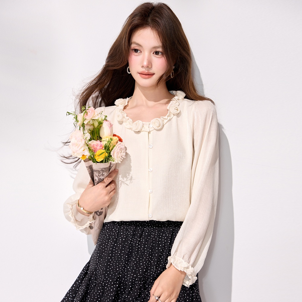 France style wood ear long sleeve shirt spring flowers tops