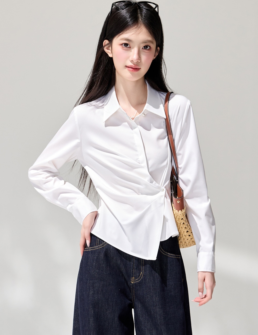 Lapel fold spring temperament white commuting shirt