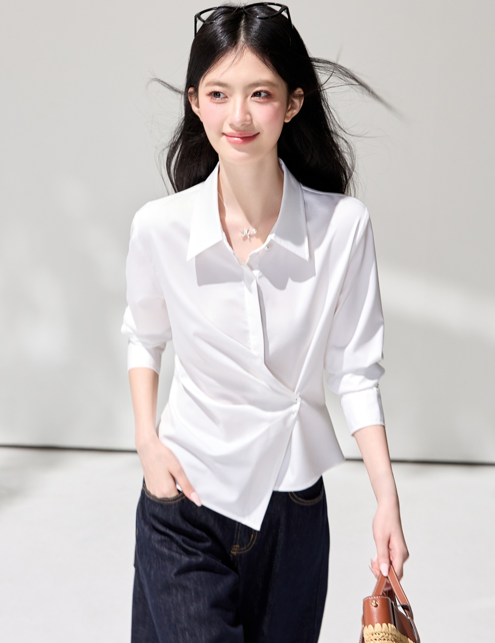 Lapel fold spring temperament white commuting shirt