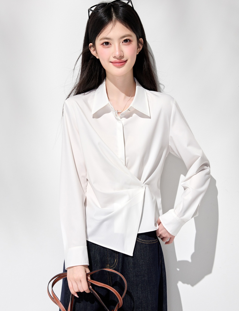 Lapel fold spring temperament white commuting shirt
