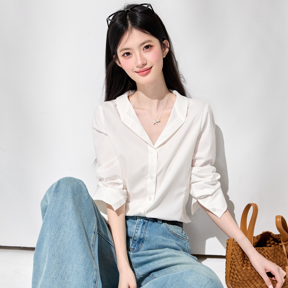 Niche spring white shirt V-neck temperament tops