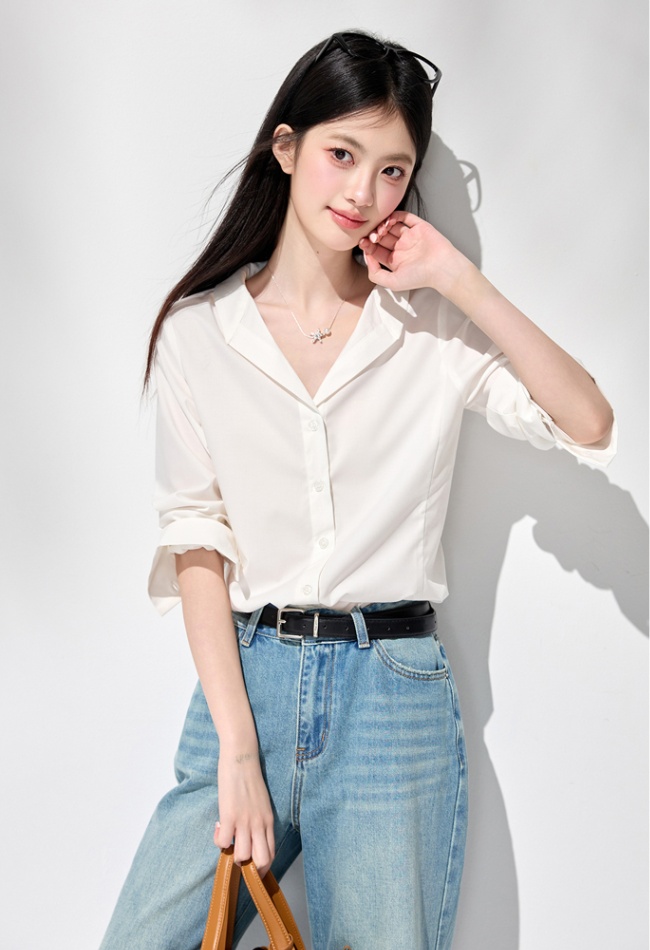 Niche spring white shirt V-neck temperament tops