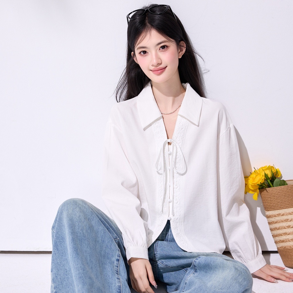 White long sleeve retro shirt lapel frenum tops