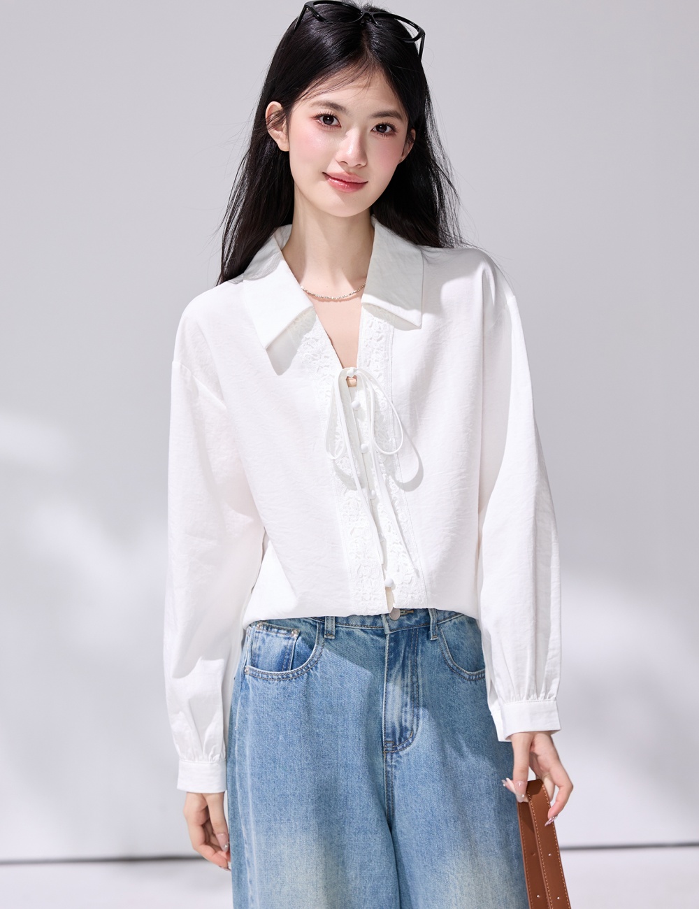 White long sleeve retro shirt lapel frenum tops