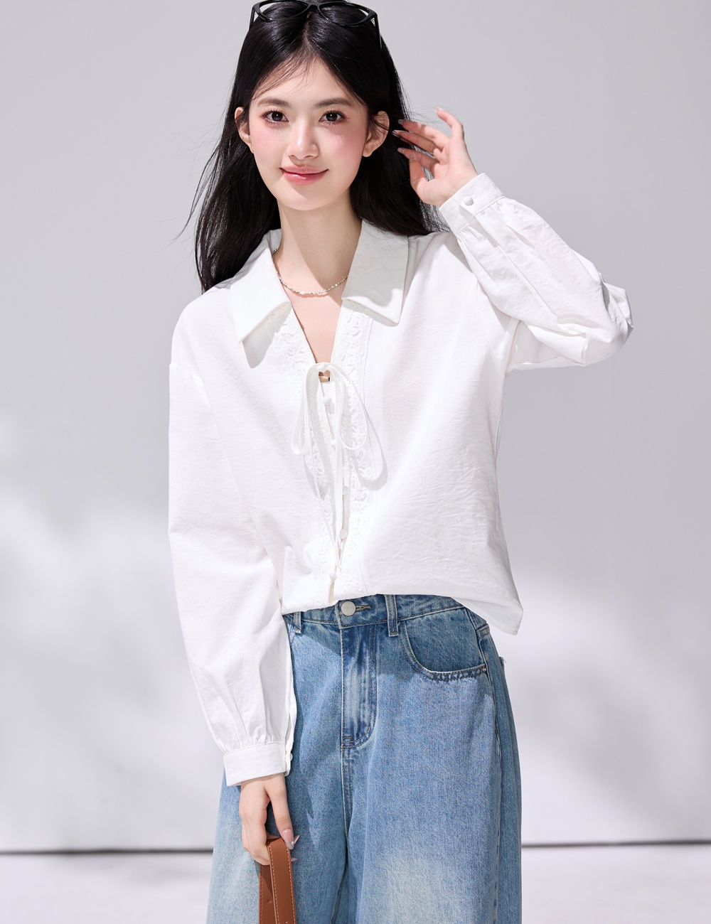White long sleeve retro shirt lapel frenum tops