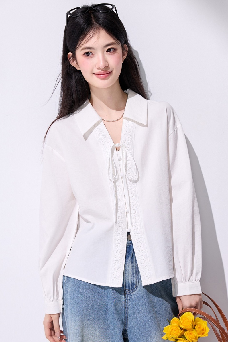 White long sleeve retro shirt lapel frenum tops