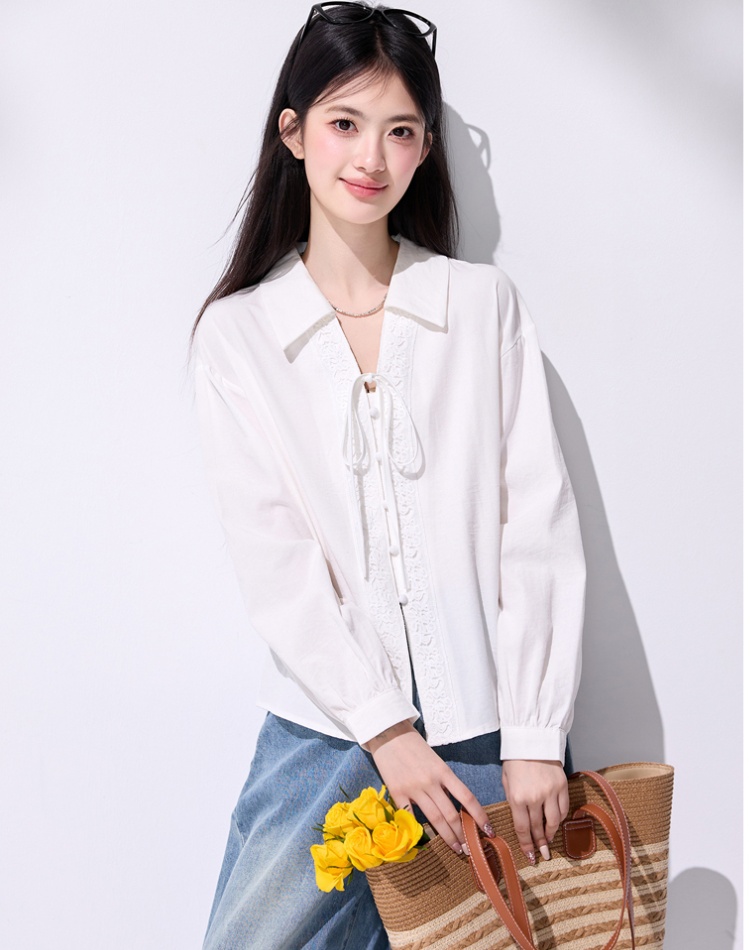 White long sleeve retro shirt lapel frenum tops