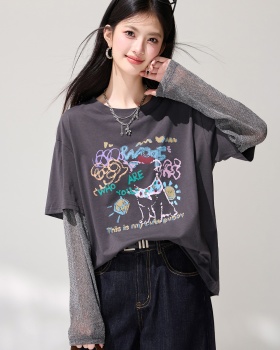 Gray long sleeve tops Casual Pseudo-two small shirt