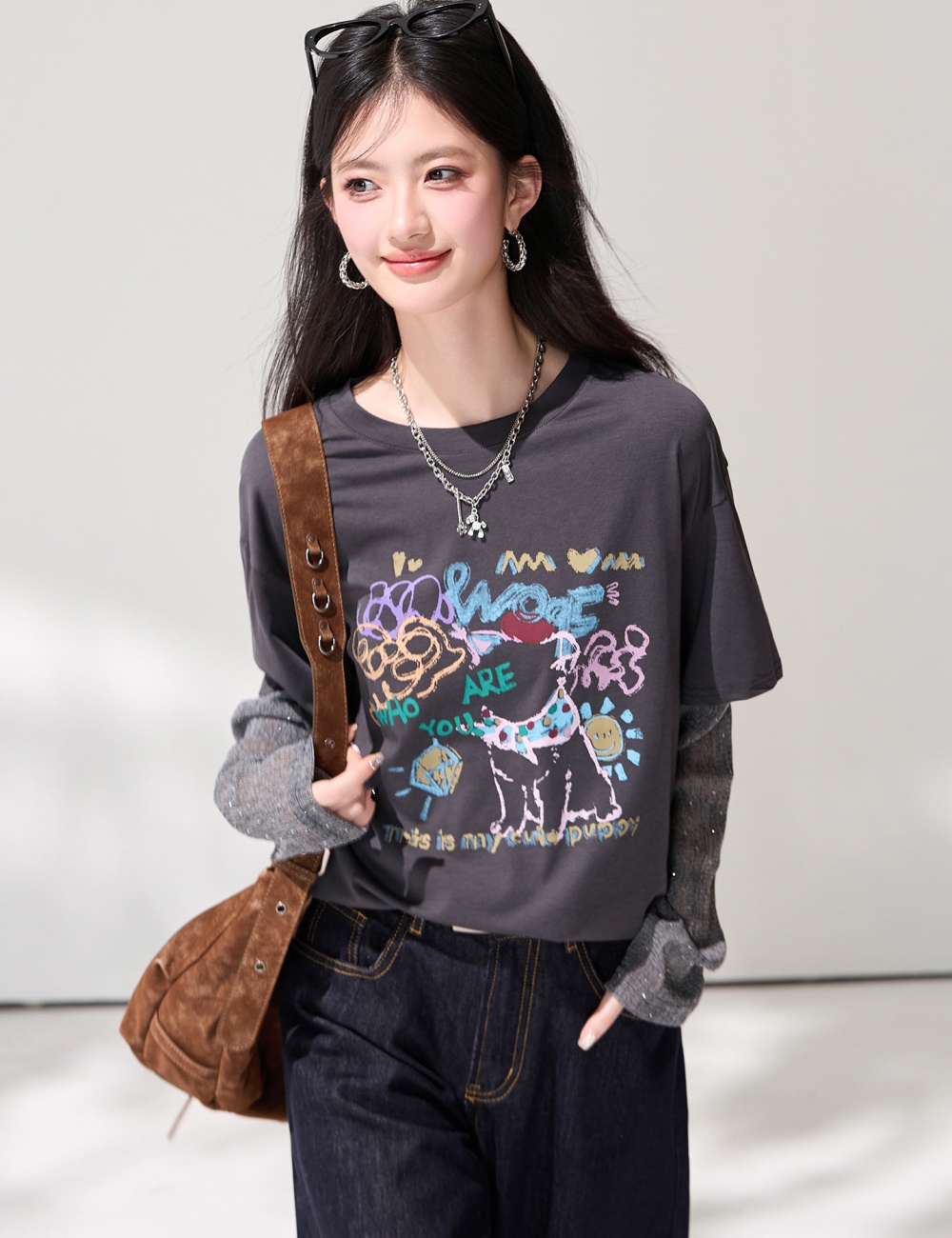 Gray long sleeve tops Casual Pseudo-two small shirt