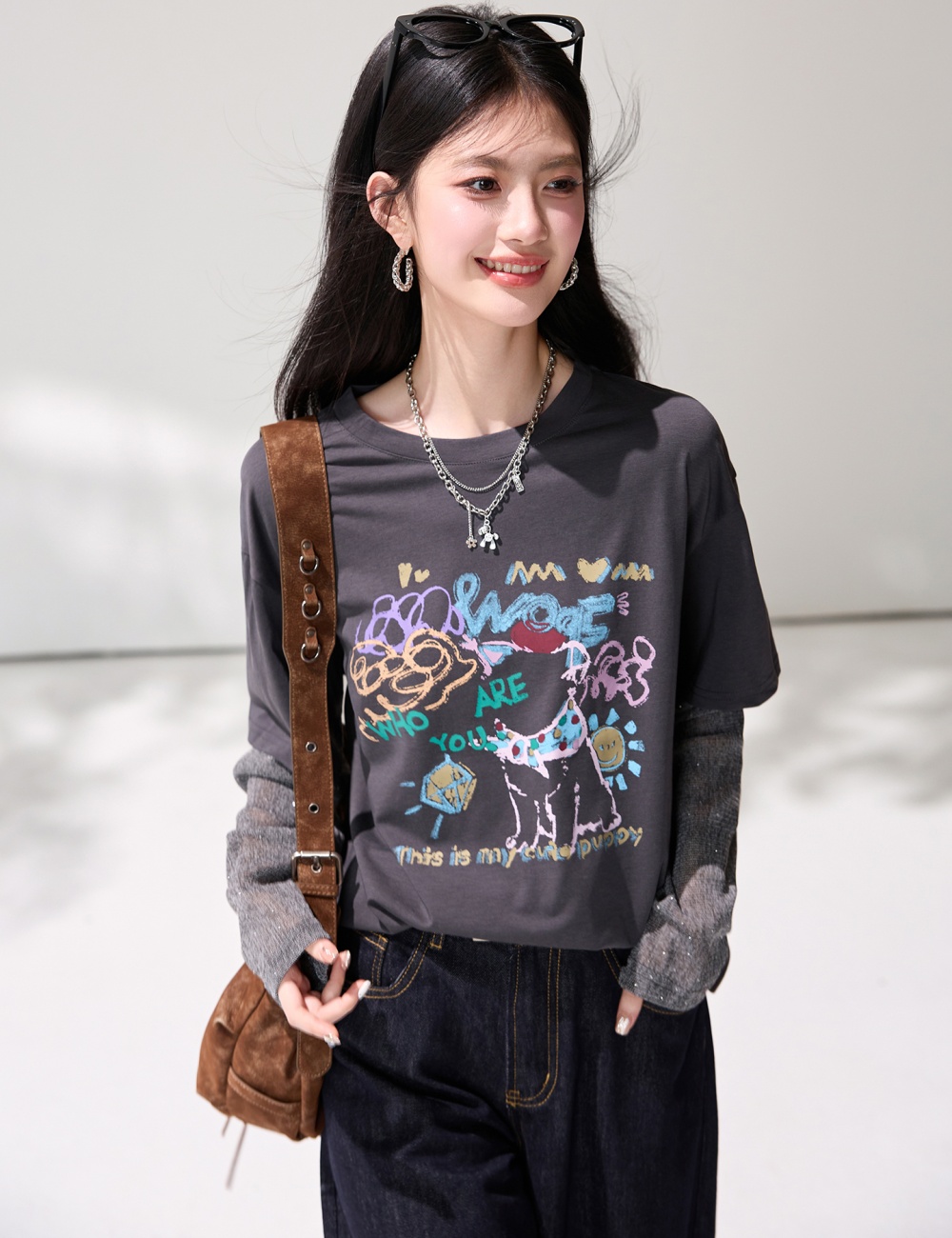 Gray long sleeve tops Casual Pseudo-two small shirt