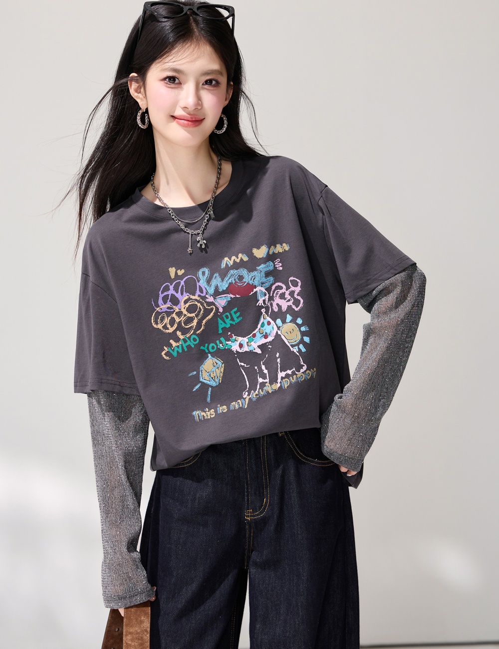 Gray long sleeve tops Casual Pseudo-two small shirt
