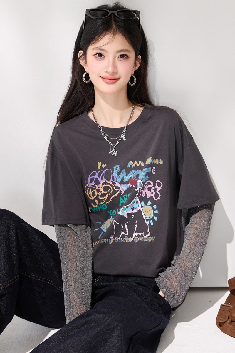 Gray long sleeve tops Casual Pseudo-two small shirt