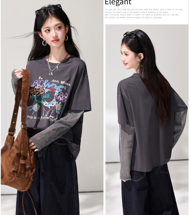 Gray long sleeve tops Casual Pseudo-two small shirt