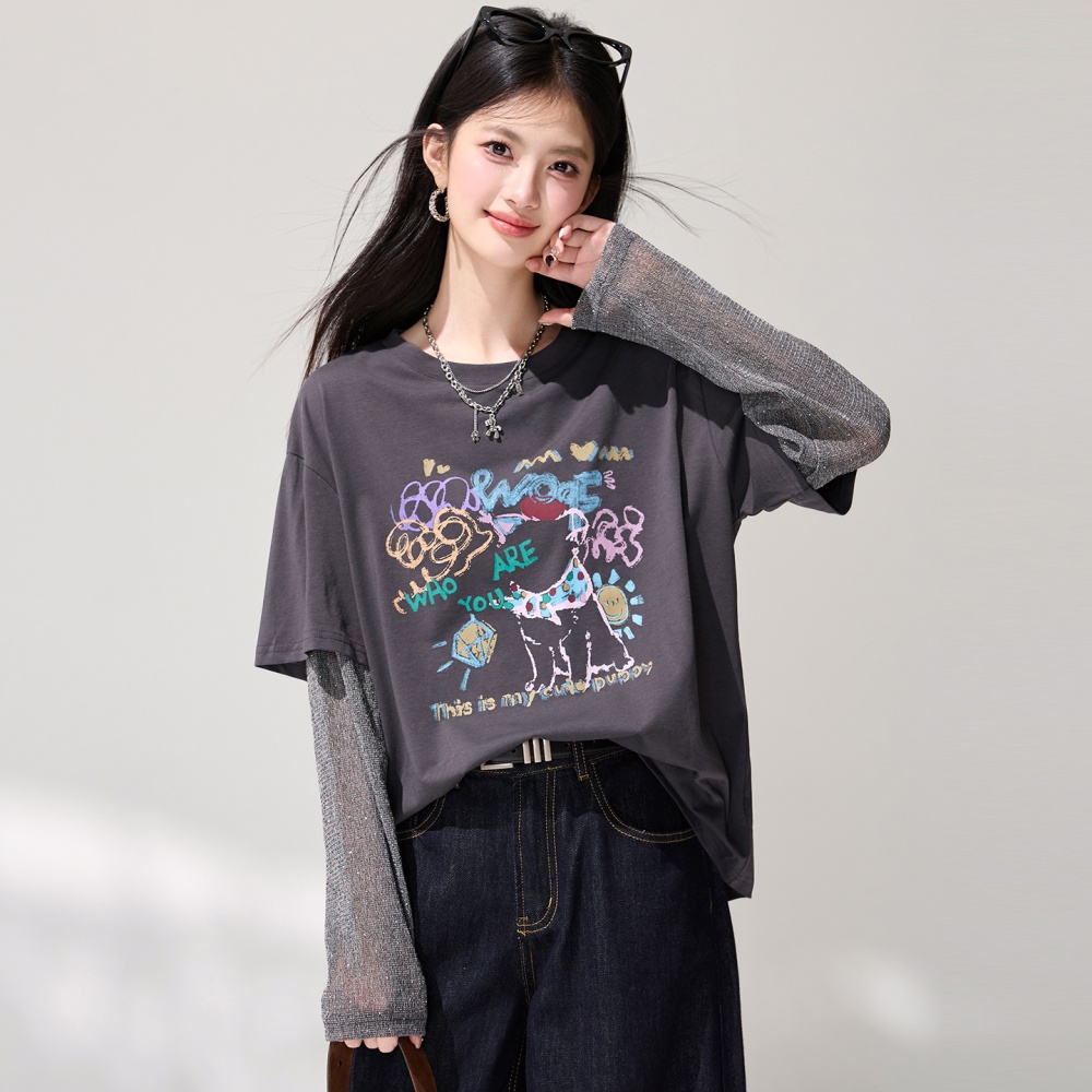 Gray long sleeve tops Casual Pseudo-two small shirt