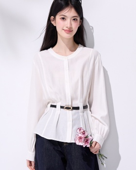 Round neck slim shirt frenum pinched waist tops