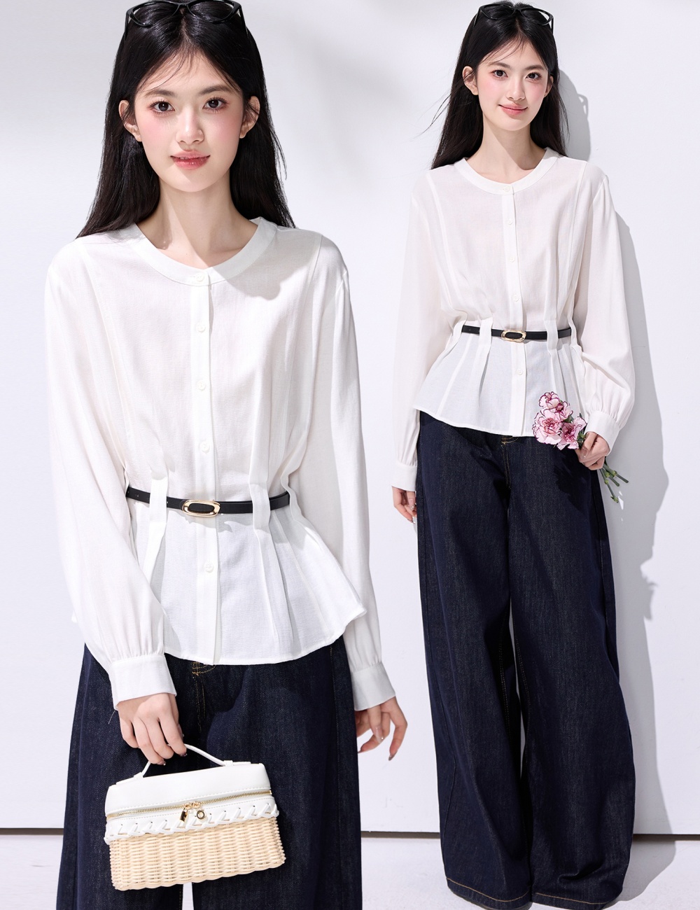 Round neck slim shirt frenum pinched waist tops