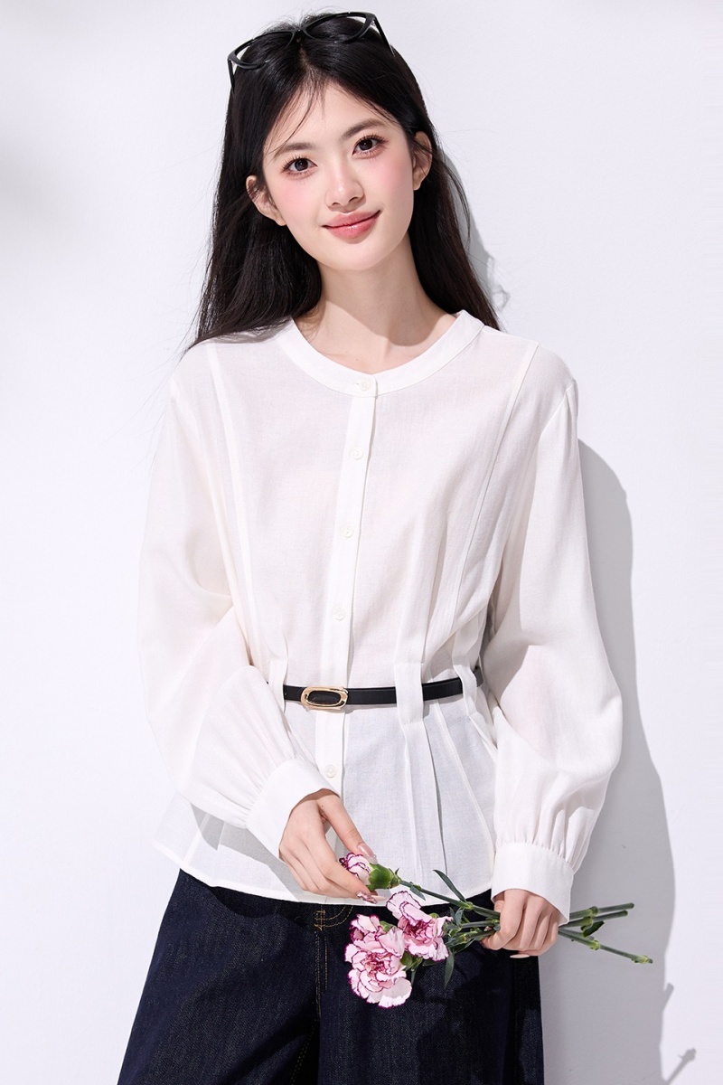 Round neck slim shirt frenum pinched waist tops