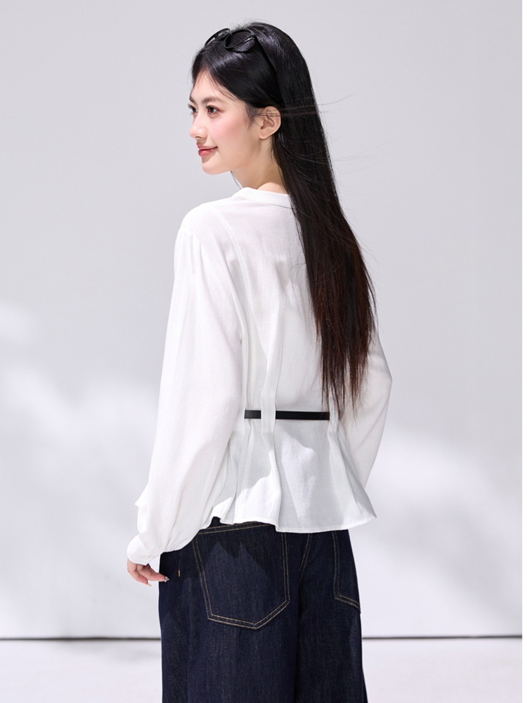 Round neck slim shirt frenum pinched waist tops
