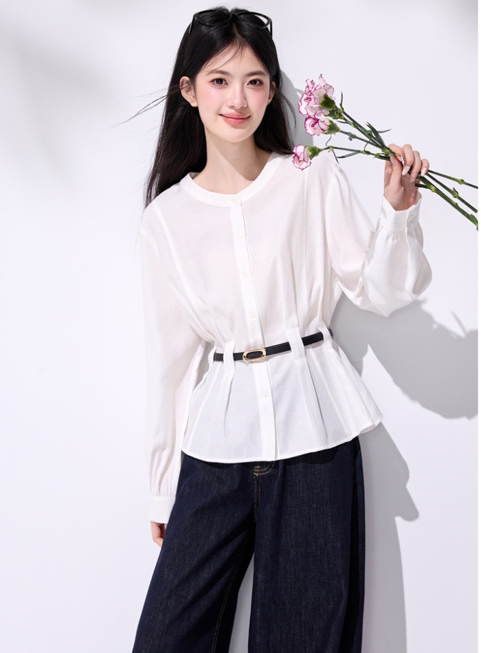Round neck slim shirt frenum pinched waist tops