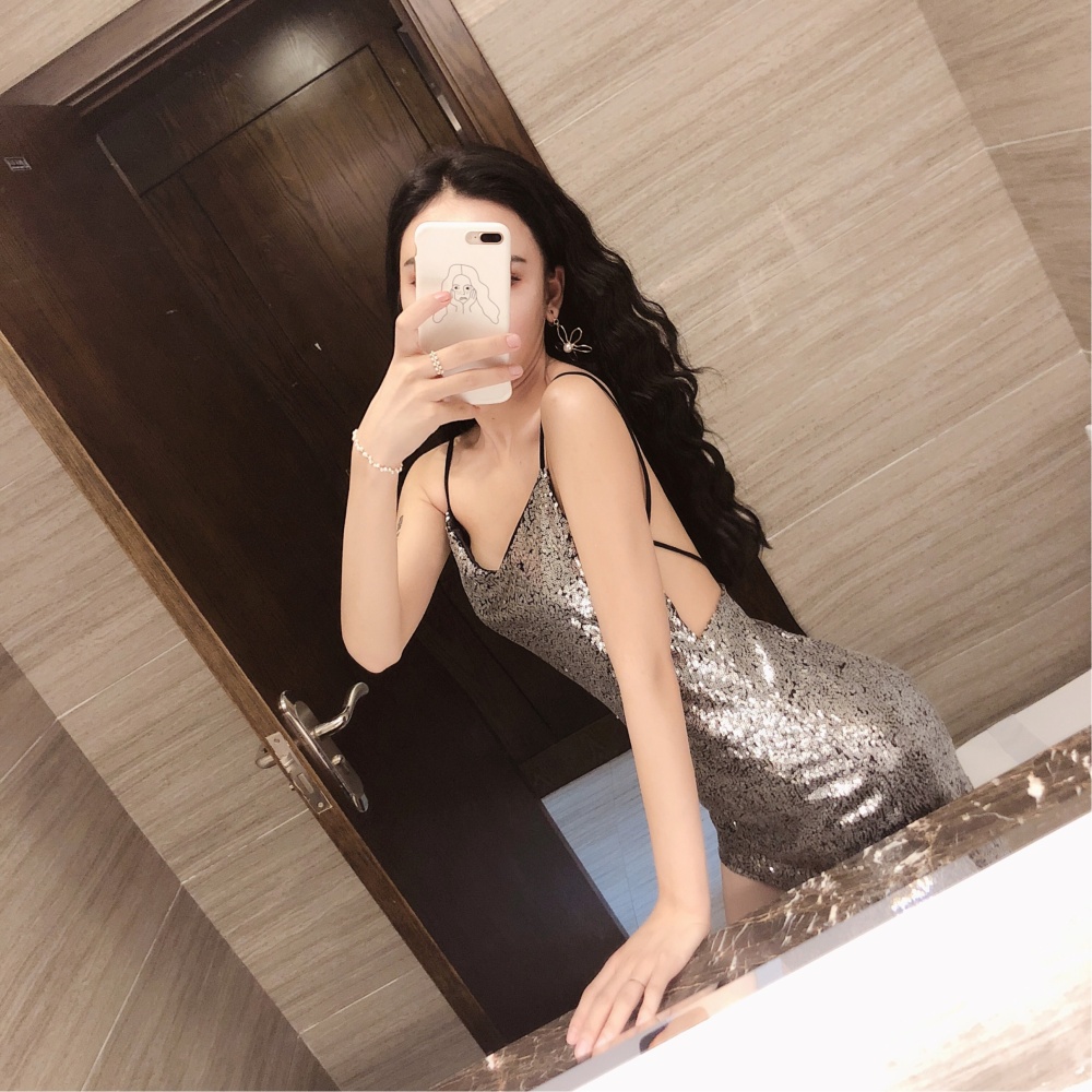 Glitter sequins small strap sexy beauty back dress