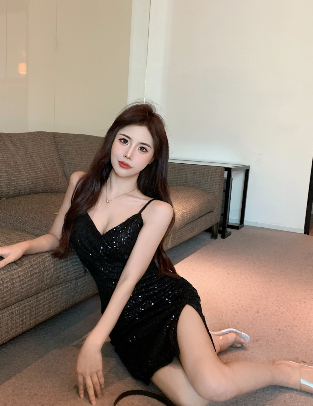 Sexy sling slim nightclub sequins split dress