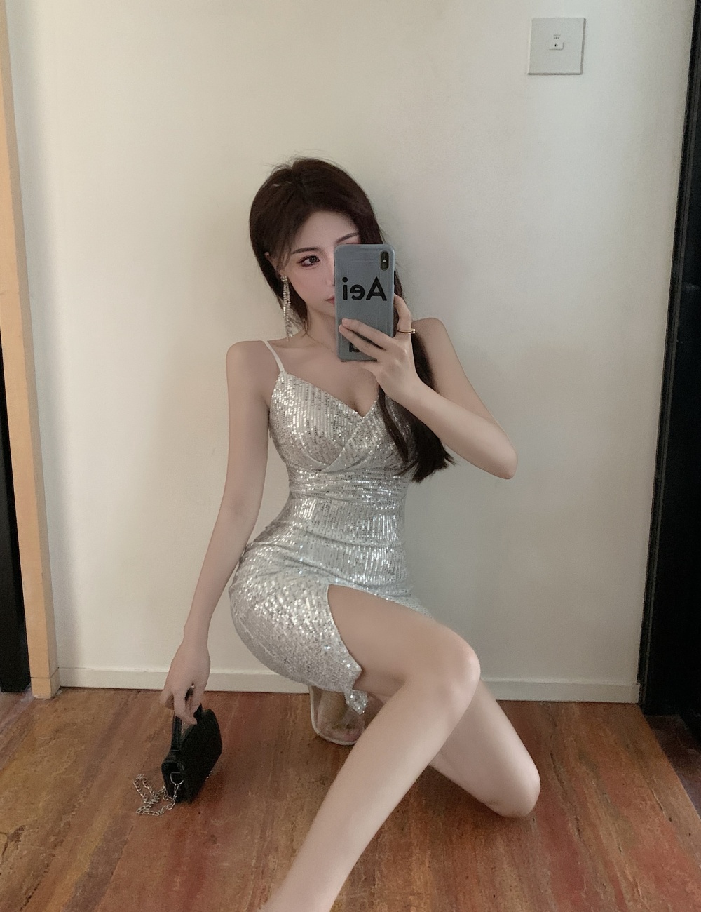 Sexy sling slim nightclub sequins split dress