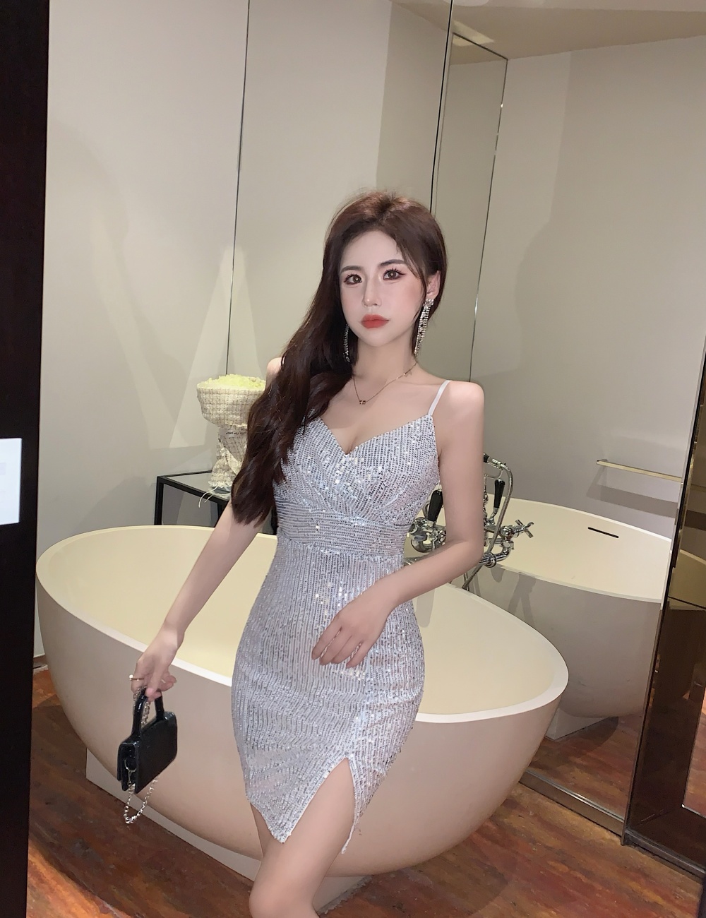 Sexy sling slim nightclub sequins split dress