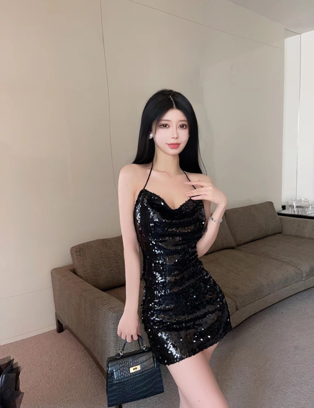 Bottoming sequins halter small sling sexy glitter dress