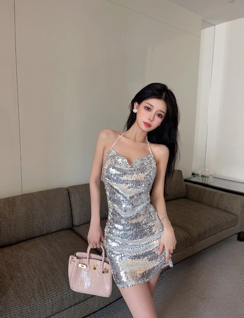 Bottoming sequins halter small sling sexy glitter dress