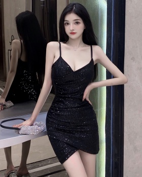 Sequins pinched waist sexy sling glitter dress
