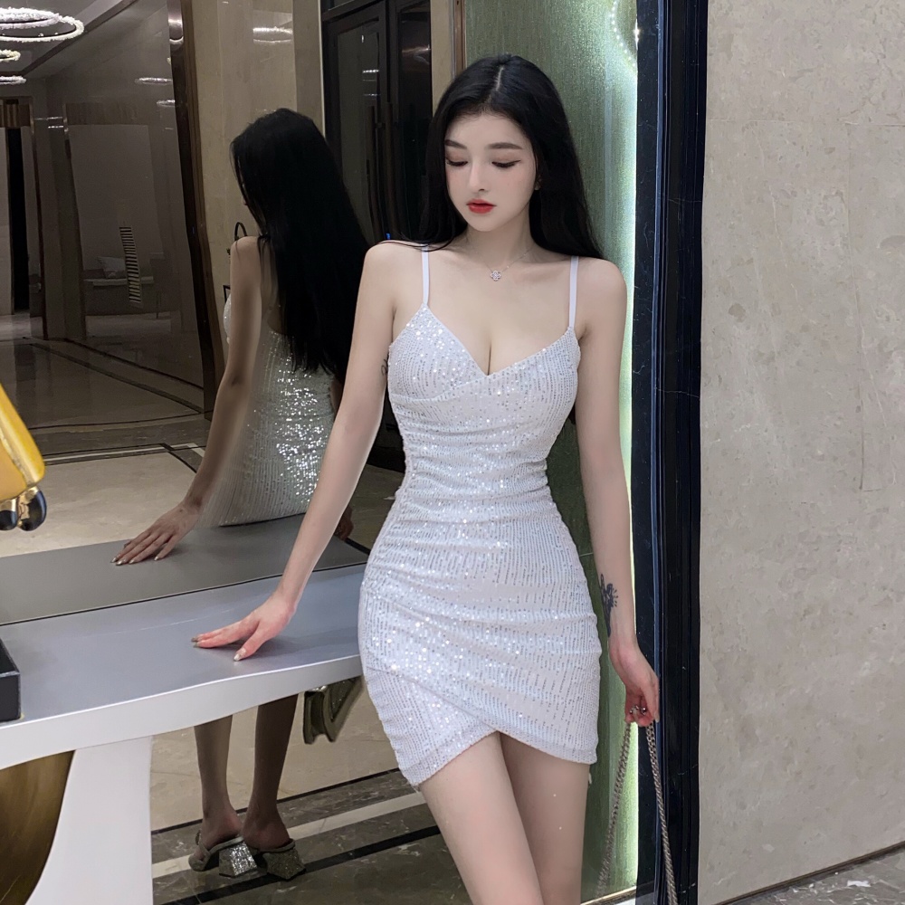 Sequins pinched waist sexy sling glitter dress