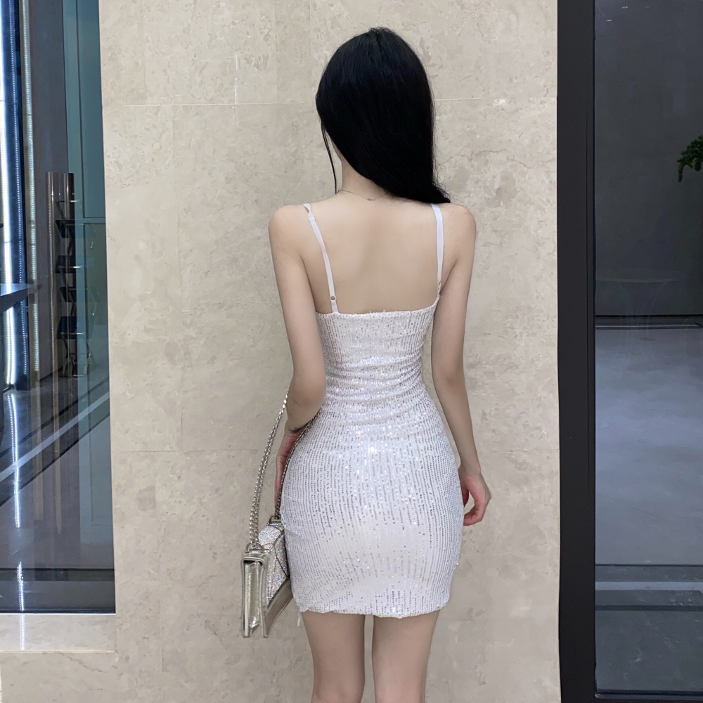 Sequins pinched waist sexy sling glitter dress