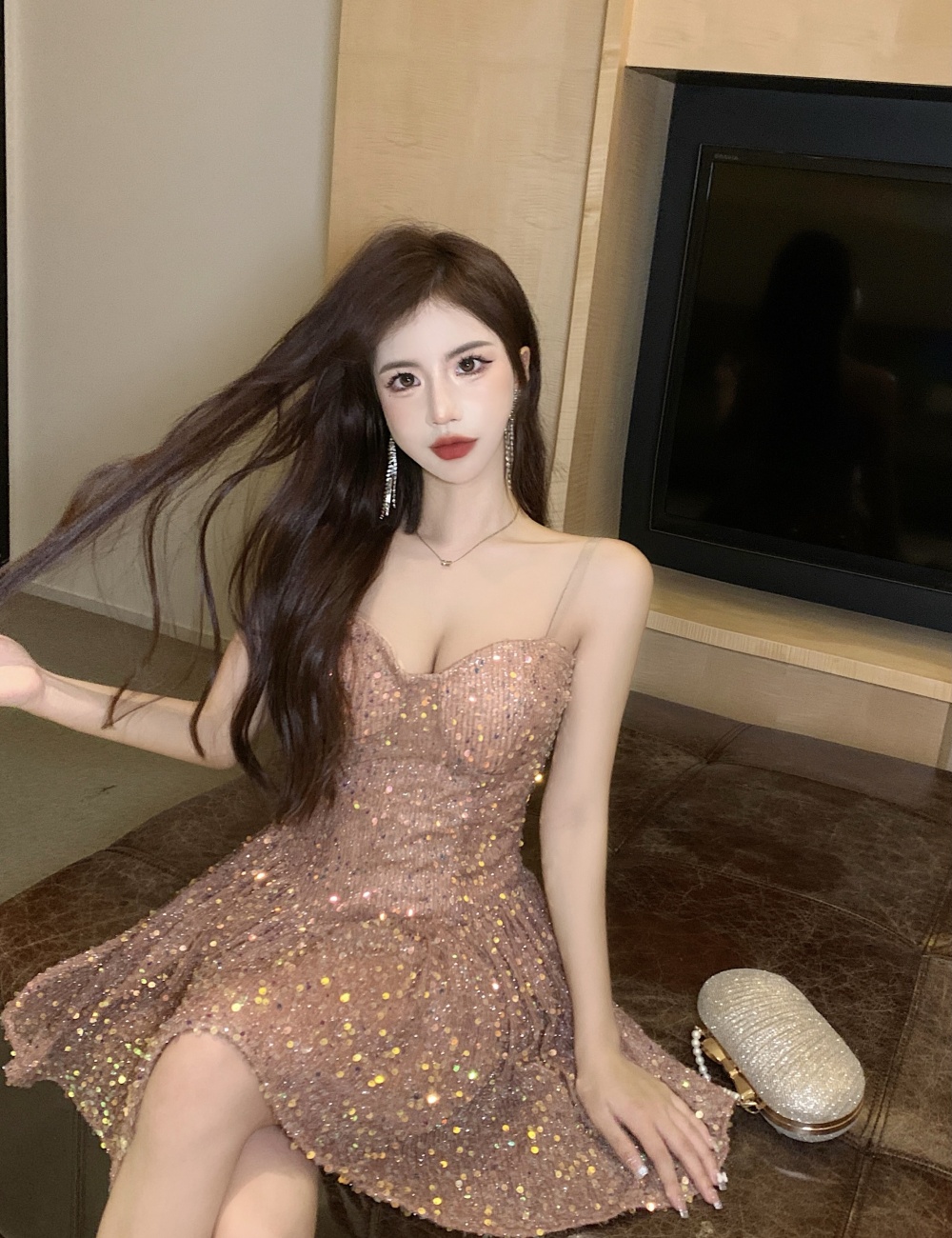 Sequins slim fashion wrapped chest sexy enticement dress