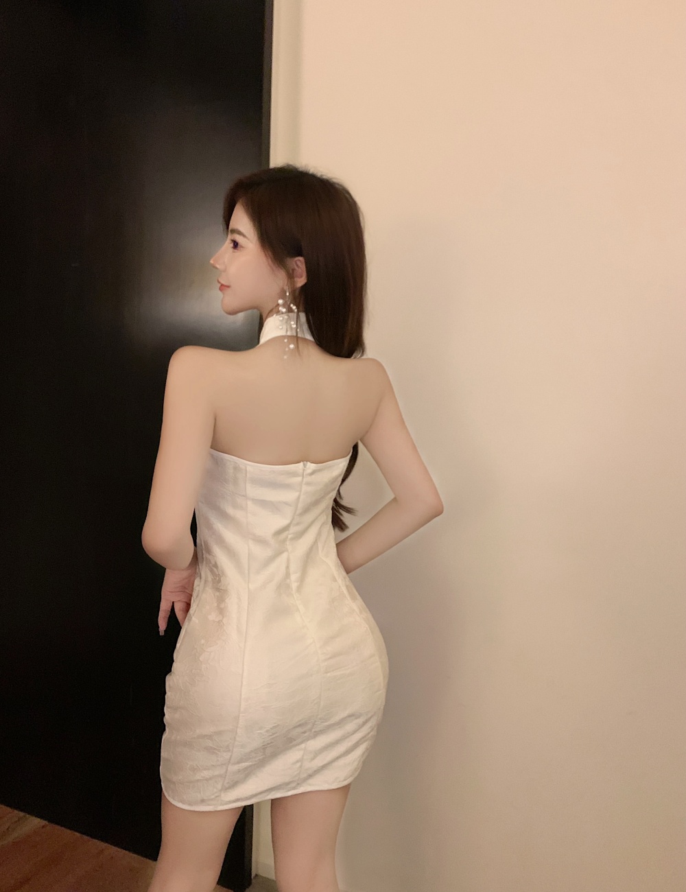 Halter jacquard cheongsam pinched waist white dress