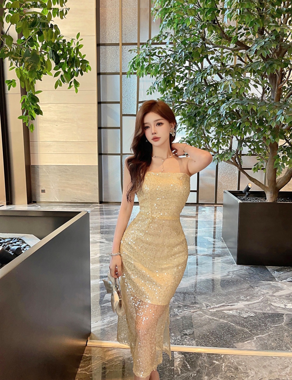 Light luxury wrapped chest formal dress sequins long dress
